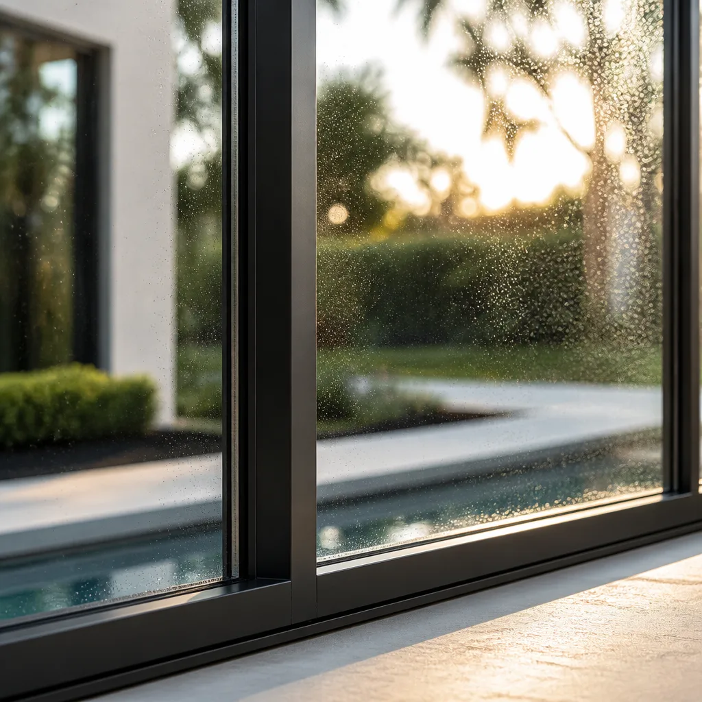 Modern glass window installation overlooking a residential backyard swimming pool
