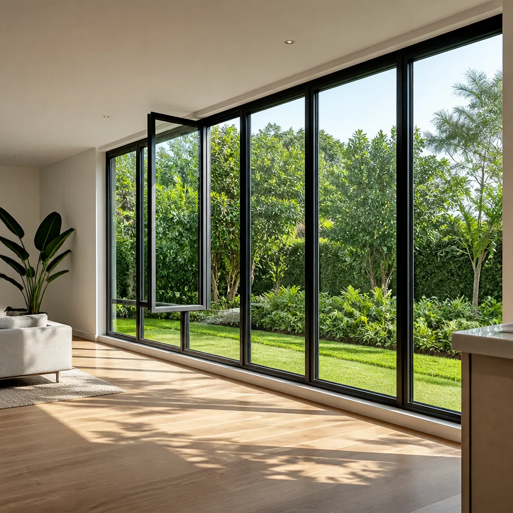 Modern floor-to-ceiling window installation in a bright, contemporary living space.