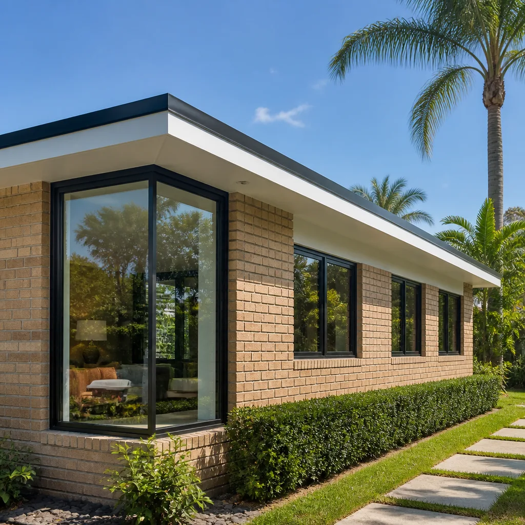 Modern house with sleek black-framed window replacement and professional installation.